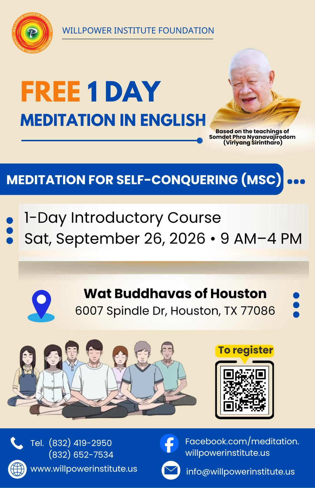 Free 1‑Day Meditation for Self‑Conquering (MSC) at Wat Buddhas – Sep 26, 9am -4pm